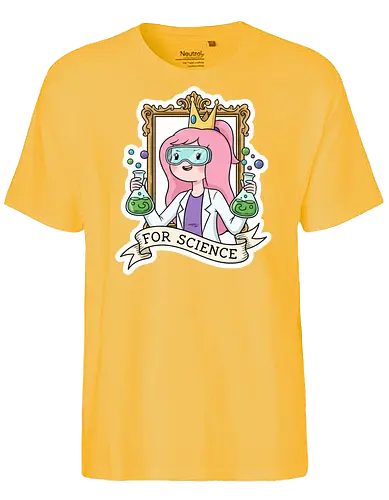 Für die Wissenschaft! Rosa Prinzessin als Wissenschaftlerin - Wissenschaft, MINT, Prinzessin, Laborkittel, Chemie, Cartoon, Aufkleber, Pinke Haare, Frauen in der Wissenschaft, Nerdkultur, Geekig, Laboralltag, Abenteuer, Verspielt, Fan-Art, Chemiekolben, Schutzbrille, Für die Wissenschaft - Fairtrade T-Shirt
