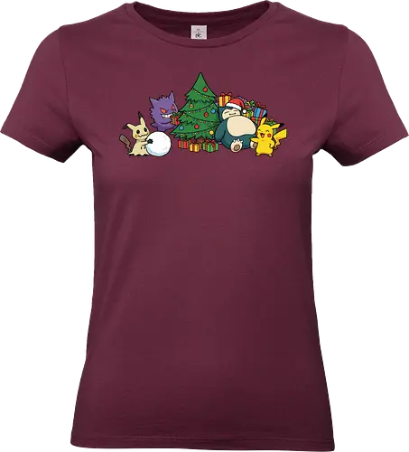 Pocket Holiday Gathering - Mouse, Ghost, and Relax Christmas Party - Mouse, Ghost, Relax, holiday anime shirt, Christmas tree, Santa hat, gamer holiday gift, winter anime graphic, holiday presents, Christmas, festive art, Santa, holiday party, Snorlax sleeping - Standard T-Shirt (Women)