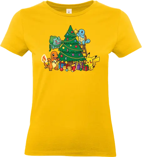 Pocket Christmas Tree Helpers - Festive Kanto Starters Design - Mouse, Starter, Kanto starters, holiday anime shirt, Christmas tree decoration, gamer holiday gift, winter anime graphic, holiday teamwork, anime winter apparel, Christmas, festive art, presents, Christmas - Standard T-Shirt (Women)