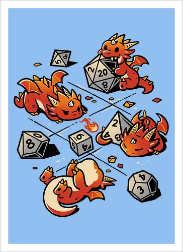 Tiny Dragons Party - dragons, cute, d20 dice, dm, Pen and Paper, dungeon master, fantasy, funny, gamer, geek, kawaii, nerdy, roll, rpg gamer, tabletop gaming - Artprint