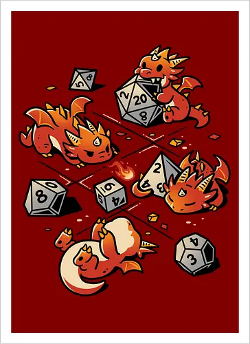 Tiny Dragons Party - dragons, cute, d20 dice, dm, Pen and Paper, dungeon master, fantasy, funny, gamer, geek, kawaii, nerdy, roll, rpg gamer, tabletop gaming - Artprint