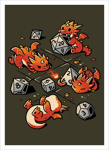 Tiny Dragons Party - dragons, cute, d20 dice, dm, Pen and Paper, dungeon master, fantasy, funny, gamer, geek, kawaii, nerdy, roll, rpg gamer, tabletop gaming - Artprint