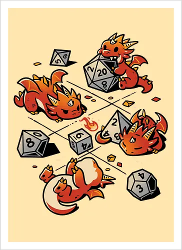 Tiny Dragons Party - dragons, cute, d20 dice, dm, Pen and Paper, dungeon master, fantasy, funny, gamer, geek, kawaii, nerdy, roll, rpg gamer, tabletop gaming - Artprint