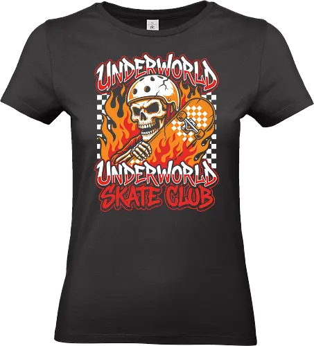 Underworld Skate Club - underworld skate club, flaming skull shirt, skateboard skeleton graphic, skate punk apparel, hardcore streetwear, checkered skateboard design, flaming skull t-shirt, edgy skater clothing, rock and roll style, graffiti font tee, burning skeleton art, skate or die shirt, thrasher style aesthetic, urban skating gear, rebel fashion, biker skull t-shirt, skate culture gift, hot rod flames graphic, checkerboard pattern top - Standard T-Shirt (Women)
