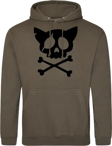 Grafik mit rosa Katzenschädel und gekreuzten Knochen