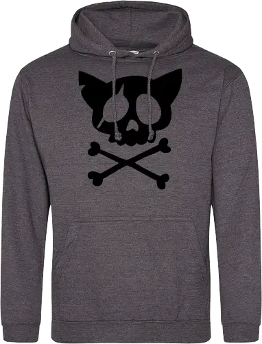 Grafik mit rosa Katzenschädel und gekreuzten Knochen