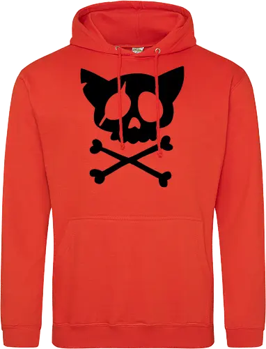 Grafik mit rosa Katzenschädel und gekreuzten Knochen