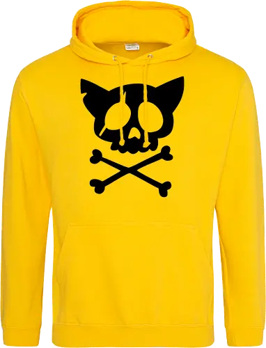 Grafik mit rosa Katzenschädel und gekreuzten Knochen