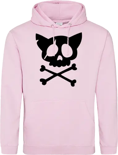 Grafik mit rosa Katzenschädel und gekreuzten Knochen