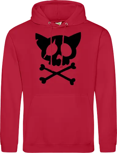 Grafik mit rosa Katzenschädel und gekreuzten Knochen