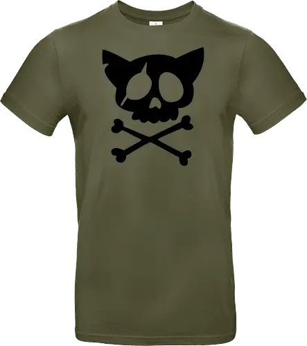 Grafik mit rosa Katzenschädel und gekreuzten Knochen