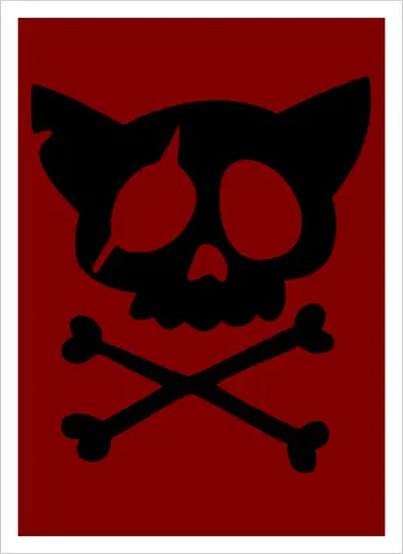 Grafik mit rosa Katzenschädel und gekreuzten Knochen