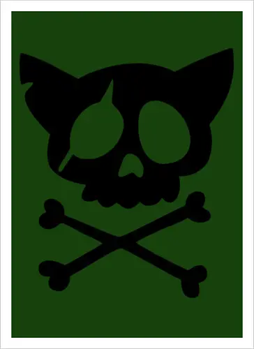 Grafik mit rosa Katzenschädel und gekreuzten Knochen