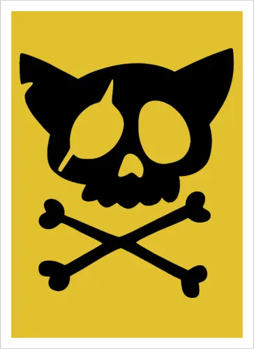 Grafik mit rosa Katzenschädel und gekreuzten Knochen