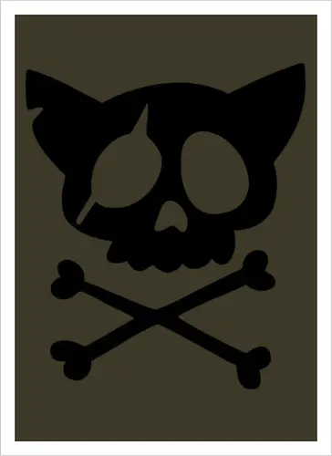 Grafik mit rosa Katzenschädel und gekreuzten Knochen