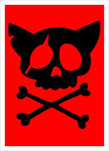 Grafik mit rosa Katzenschädel und gekreuzten Knochen