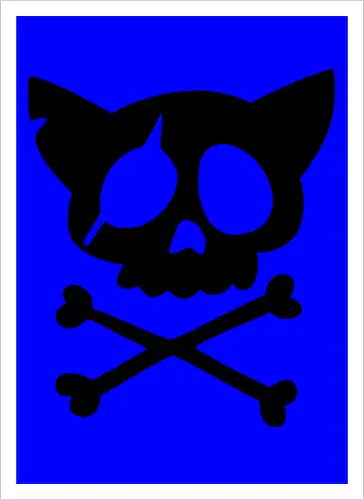 Grafik mit rosa Katzenschädel und gekreuzten Knochen