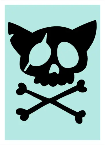 Grafik mit rosa Katzenschädel und gekreuzten Knochen