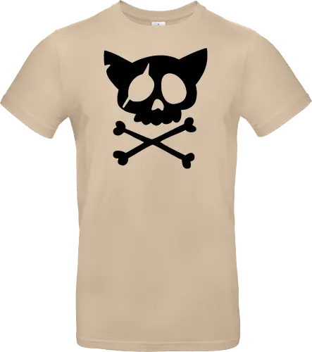 Grafik mit rosa Katzenschädel und gekreuzten Knochen