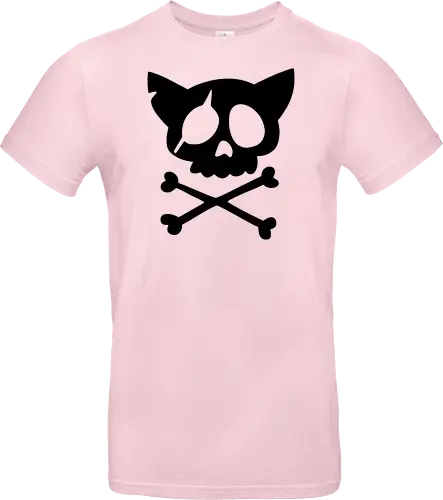 Grafik mit rosa Katzenschädel und gekreuzten Knochen