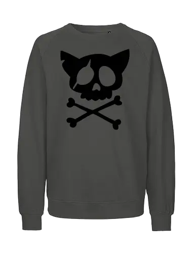 Grafik mit rosa Katzenschädel und gekreuzten Knochen - Katzenschädel, gekreuzte Knochen, Emo-Ästhetik, Punkrock, Alternative Mode, Totenkopfkunst, Kawaii-Horror, Gruseliges Pink, Skelettkatze, Gothic, Grunge, Vektorgrafik, Minimalistisch, Pinke Ästhetik, Kantige Kunst. - Fairtrade Sweatshirt