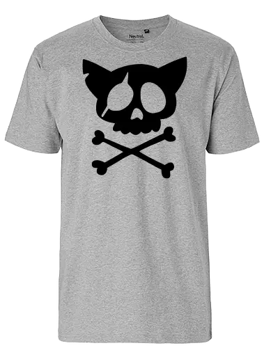 Grafik mit rosa Katzenschädel und gekreuzten Knochen - Katzenschädel, gekreuzte Knochen, Emo-Ästhetik, Punkrock, Alternative Mode, Totenkopfkunst, Kawaii-Horror, Gruseliges Pink, Skelettkatze, Gothic, Grunge, Vektorgrafik, Minimalistisch, Pinke Ästhetik, Kantige Kunst. - Fairtrade T-Shirt