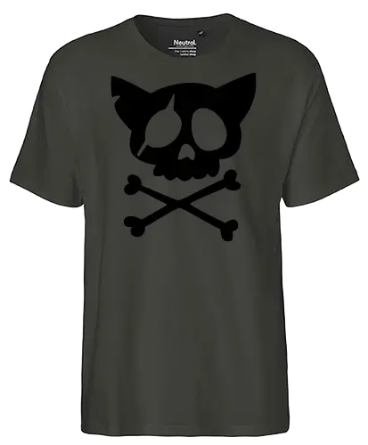 Grafik mit rosa Katzenschädel und gekreuzten Knochen - Katzenschädel, gekreuzte Knochen, Emo-Ästhetik, Punkrock, Alternative Mode, Totenkopfkunst, Kawaii-Horror, Gruseliges Pink, Skelettkatze, Gothic, Grunge, Vektorgrafik, Minimalistisch, Pinke Ästhetik, Kantige Kunst. - Fairtrade T-Shirt