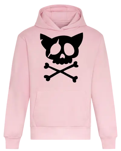 Grafik mit rosa Katzenschädel und gekreuzten Knochen - Katzenschädel, gekreuzte Knochen, Emo-Ästhetik, Punkrock, Alternative Mode, Totenkopfkunst, Kawaii-Horror, Gruseliges Pink, Skelettkatze, Gothic, Grunge, Vektorgrafik, Minimalistisch, Pinke Ästhetik, Kantige Kunst. - Heavyweight Hoodie