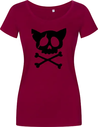 Grafik mit rosa Katzenschädel und gekreuzten Knochen