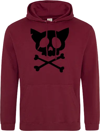 Grafik mit rosa Katzenschädel und gekreuzten Knochen