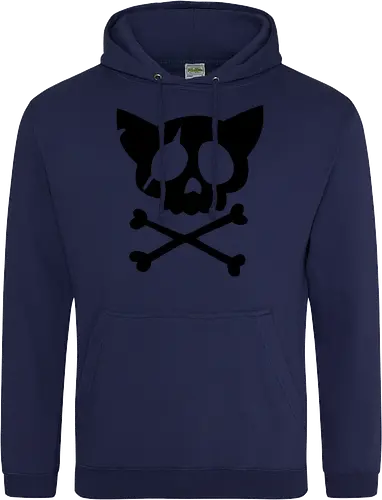 Grafik mit rosa Katzenschädel und gekreuzten Knochen