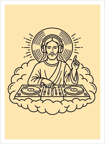 "DJ Jesus - dj jesus, electronic music shirt, jesus with headphones, techno priest, funny christian t-shirt, minimalist line art, dj lifestyle apparel, house music graphic tee, edm streetwear, celestial dj design, turntable art shirt, music festival top, religious humor clothing, dj gift ideas, modern jesus art, vinyl records graphic, clubbing outfit, creative music producer shirt, heavenly beats tee - Artprint