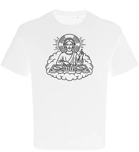 "DJ Jesus - dj jesus, electronic music shirt, jesus with headphones, techno priest, funny christian t-shirt, minimalist line art, dj lifestyle apparel, house music graphic tee, edm streetwear, celestial dj design, turntable art shirt, music festival top, religious humor clothing, dj gift ideas, modern jesus art, vinyl records graphic, clubbing outfit, creative music producer shirt, heavenly beats tee - Oversize T-Shirt