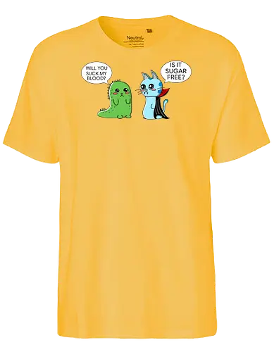 Lustiger Kawaii-Vampir mit zuckerfreiem Horror-Sarkasmus - vampir, kawaii, lustig, horror, sarkasmus, zuckerfrei, vampire humor, niedlich, cartoon vampir, comic stil, schwarzer humor, irony, gruselig süß, halloween, undead, popkultur, witziges motiv, funny design, geschenkidee, trendig, alternative mode, meme stil, subkultur, satire, gothic humor - Fairtrade T-Shirt