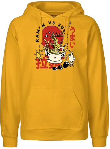 Ramen vs Sushi – Japanische Retro Food - ramen illustration, sushi kunst, japanisches essen kunst, retro japan illustration, ramen vs sushi, kawaii food design, japan pop art, lustige food kunst, vintage japan stil, nudel illustration, süßes ramen design, asiatische food kunst, japan cartoon stil - Fairtrade Hoodie