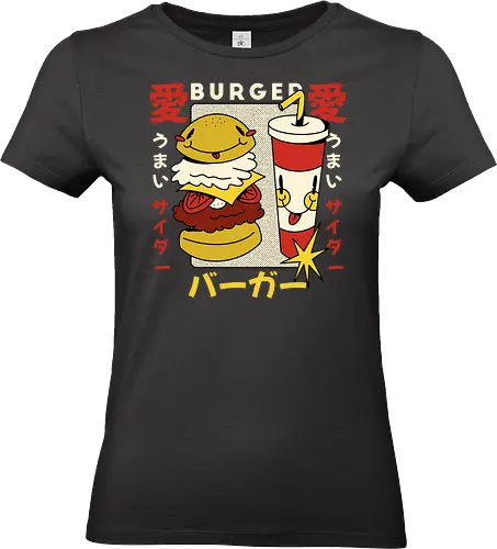 Burger Love – Kawaii Japanische Retro Food Art - burger illustration, kawaii burger kunst, japan retro stil, süße food kunst, burger liebe design, retro japan illustration, lustige food grafik, japan pop art, verspielte illustration, food charakter design, vintage japan ästhetik, kawaii illustration - Standard T-Shirt (Women)