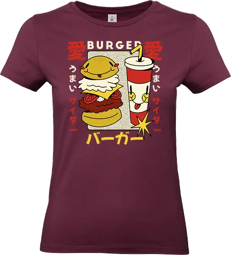Burger Love – Kawaii Japanische Retro Food Art - burger illustration, kawaii burger kunst, japan retro stil, süße food kunst, burger liebe design, retro japan illustration, lustige food grafik, japan pop art, verspielte illustration, food charakter design, vintage japan ästhetik, kawaii illustration - Standard T-Shirt (Women)