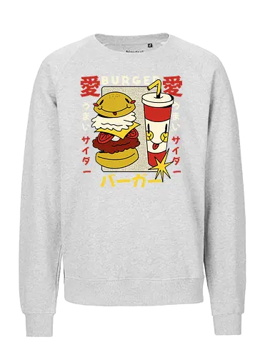 Burger Love – Kawaii Japanische Retro Food Art - burger illustration, kawaii burger kunst, japan retro stil, süße food kunst, burger liebe design, retro japan illustration, lustige food grafik, japan pop art, verspielte illustration, food charakter design, vintage japan ästhetik, kawaii illustration - Fairtrade Sweatshirt