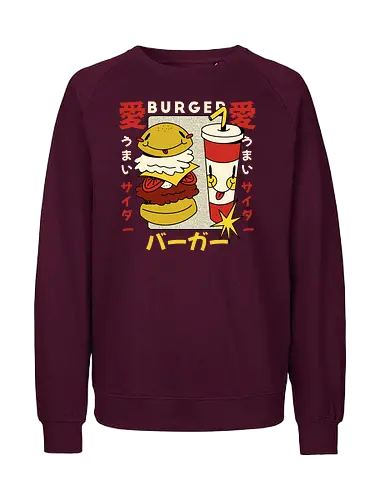 Burger Love – Kawaii Japanische Retro Food Art - burger illustration, kawaii burger kunst, japan retro stil, süße food kunst, burger liebe design, retro japan illustration, lustige food grafik, japan pop art, verspielte illustration, food charakter design, vintage japan ästhetik, kawaii illustration - Fairtrade Sweatshirt