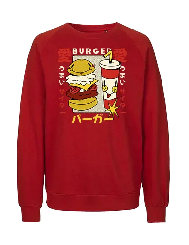 Burger Love – Kawaii Japanische Retro Food Art - burger illustration, kawaii burger kunst, japan retro stil, süße food kunst, burger liebe design, retro japan illustration, lustige food grafik, japan pop art, verspielte illustration, food charakter design, vintage japan ästhetik, kawaii illustration - Fairtrade Sweatshirt