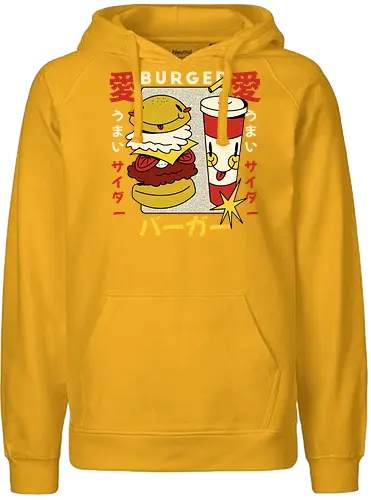 Burger Love – Kawaii Japanische Retro Food Art - burger illustration, kawaii burger kunst, japan retro stil, süße food kunst, burger liebe design, retro japan illustration, lustige food grafik, japan pop art, verspielte illustration, food charakter design, vintage japan ästhetik, kawaii illustration - Fairtrade Hoodie