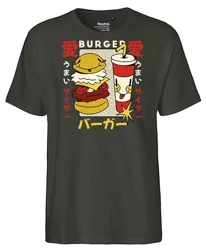 Burger Love – Kawaii Japanische Retro Food Art - burger illustration, kawaii burger kunst, japan retro stil, süße food kunst, burger liebe design, retro japan illustration, lustige food grafik, japan pop art, verspielte illustration, food charakter design, vintage japan ästhetik, kawaii illustration - Fairtrade T-Shirt