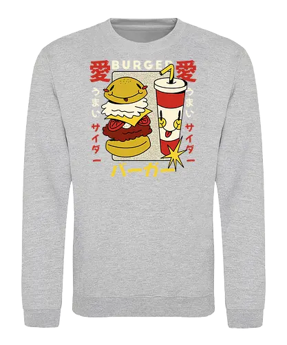 Burger Love – Kawaii Japanische Retro Food Art - burger illustration, kawaii burger kunst, japan retro stil, süße food kunst, burger liebe design, retro japan illustration, lustige food grafik, japan pop art, verspielte illustration, food charakter design, vintage japan ästhetik, kawaii illustration - Sweatshirt