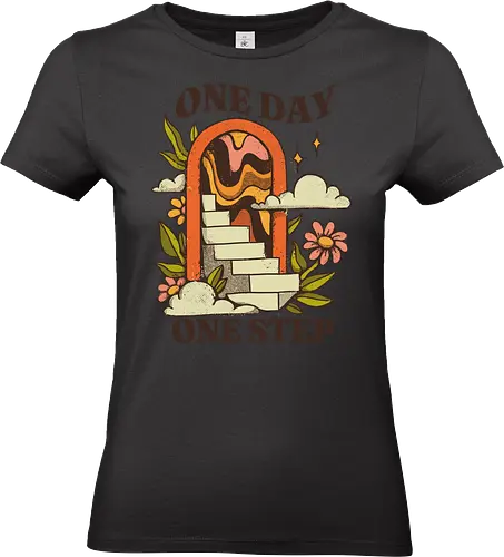 One Day One Step – Vintage Motivation Stairway Art - one day one step, progress illustration, motivational art print, self improvement design, vintage motivation art, personal growth artwork, step by step success, mental health motivation, positive progress art, retro inspirational, slow growth mindset, patience quote art, journey illustration, daily motivation art, encouragement design - Standard T-Shirt (Women)
