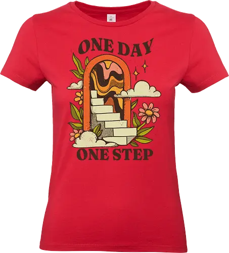 One Day One Step – Vintage Motivation Stairway Art - one day one step, progress illustration, motivational art print, self improvement design, vintage motivation art, personal growth artwork, step by step success, mental health motivation, positive progress art, retro inspirational, slow growth mindset, patience quote art, journey illustration, daily motivation art, encouragement design - Standard T-Shirt (Women)