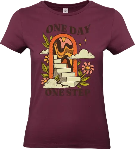 One Day One Step – Vintage Motivation Stairway Art - one day one step, progress illustration, motivational art print, self improvement design, vintage motivation art, personal growth artwork, step by step success, mental health motivation, positive progress art, retro inspirational, slow growth mindset, patience quote art, journey illustration, daily motivation art, encouragement design - Standard T-Shirt (Women)