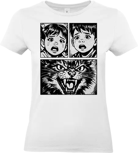 The Last Meow - cat, horror, comic, illustration, feline, dramatic, scary, humor, vintage, artwork, meow, expression, retro, thriller, animal - Standard T-Shirt (Women)