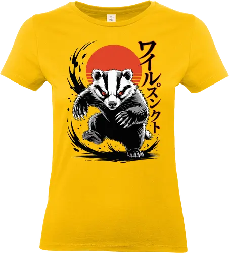 Japanese Badger | Japanischer Dachs - badger, japanese art, rising sun, animal illustration, fierce animal, samurai style, japanese typography, wildlife art, red sun, graphic design, dark art, animal warrior, streetwear art, vector illustration, japanese poster - Standard T-Shirt (Women)