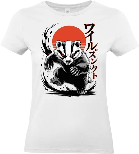Japanese Badger | Japanischer Dachs - badger, japanese art, rising sun, animal illustration, fierce animal, samurai style, japanese typography, wildlife art, red sun, graphic design, dark art, animal warrior, streetwear art, vector illustration, japanese poster - Standard T-Shirt (Women)