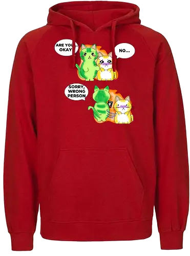 Kawaii-Sarkasmus Alles okay? Falsche Katze - kawaii, katzen, katzenhumor, dunkler humor, sarkasmus, lustig, anime, manga, japanischer stil, cartoon katze, comic stil, niedlich, schwarzer humor, wortspiel, missverständnis, ironisch, meme stil, popkultur, otaku, witziges motiv, funny design, geschenkidee, trendig, tierillustration, humorvoll - Fairtrade Hoodie